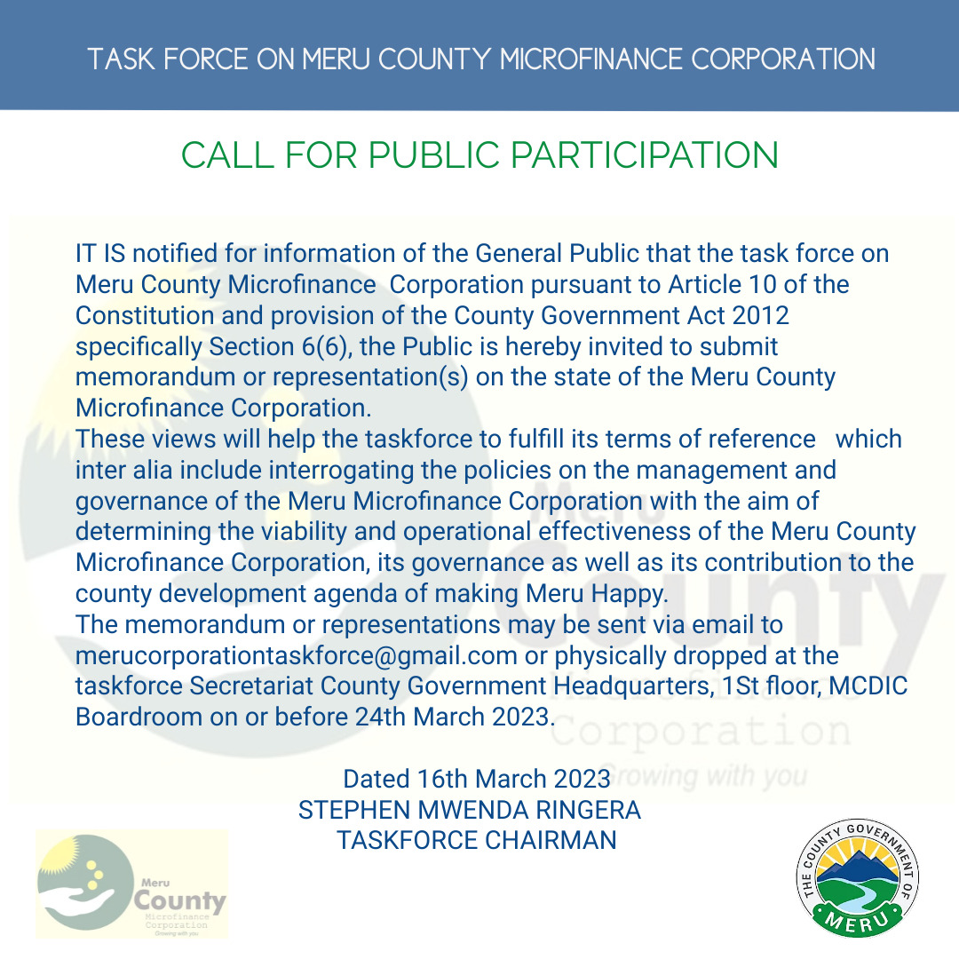 Task Force On Meru County Microfinance Corporation Call For Public Participation