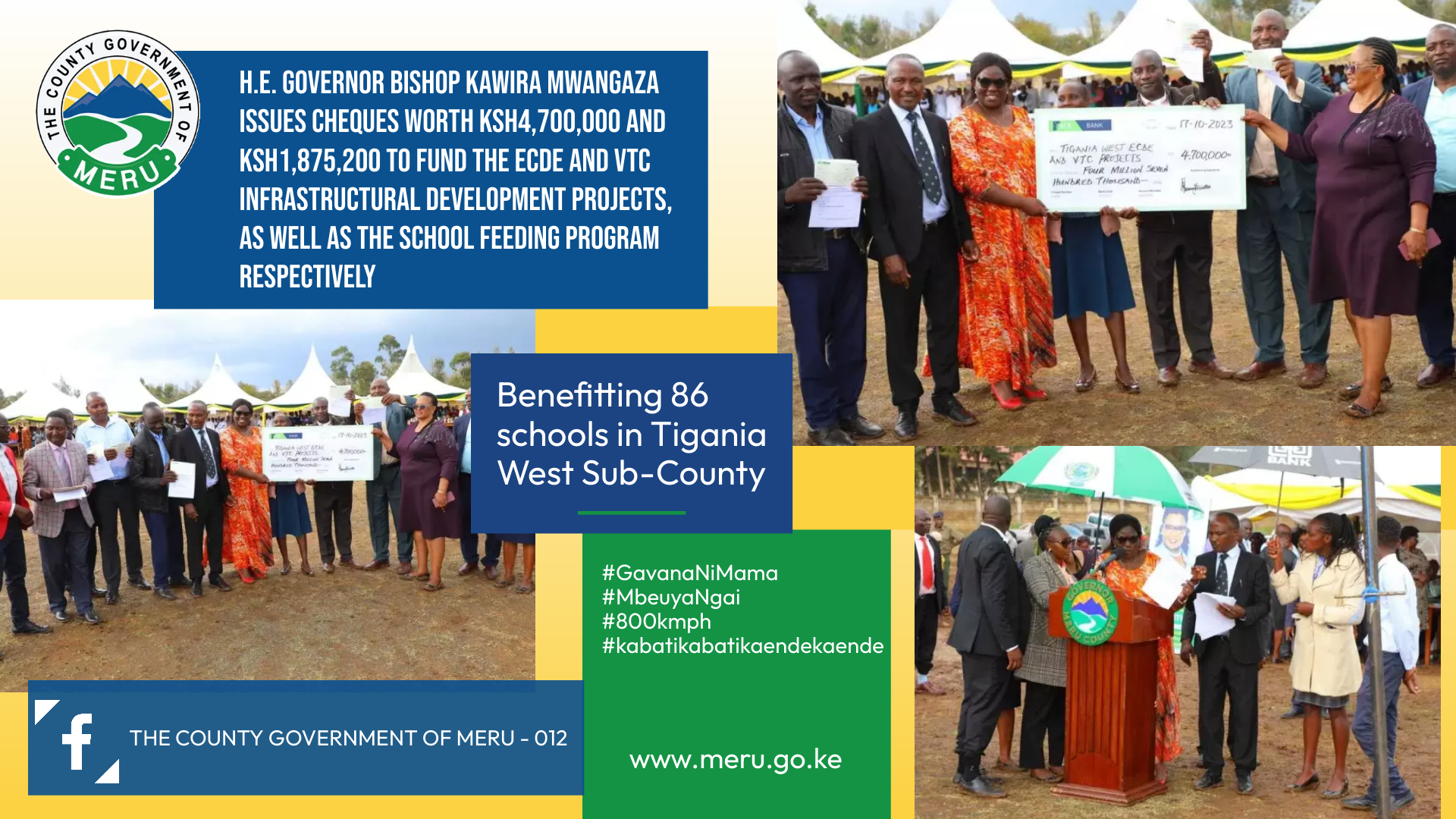 H.E. Governor Bishop Kawira Mwangaza empowers schools in Tigania West Sub-County, issuing educational cheques to enhance learning opportunities.