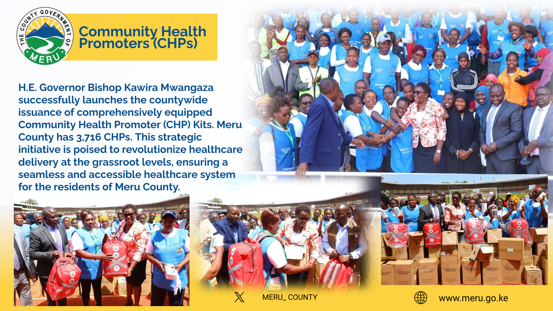 H.E Governor Bishop Kawira Mwangaza Pioneers Countywide Deployment of Comprehensive Community Health Promoter (CHP) Kits.