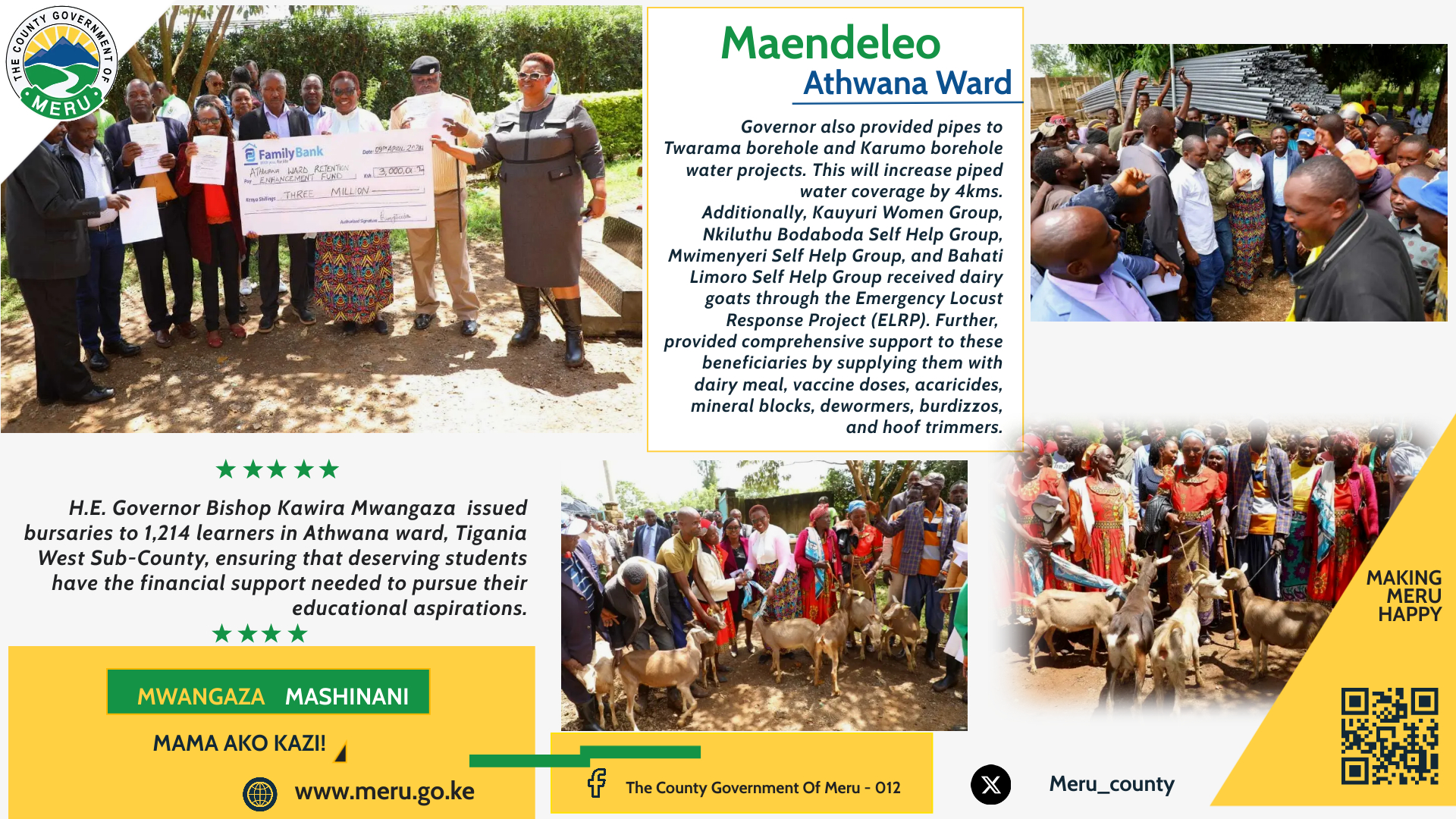 Key Initiatives in Tigania West Sub-county: Governor Mwangaza's Retention Enhancement Fund, VTC Capitation, and Ward Fund Projects.