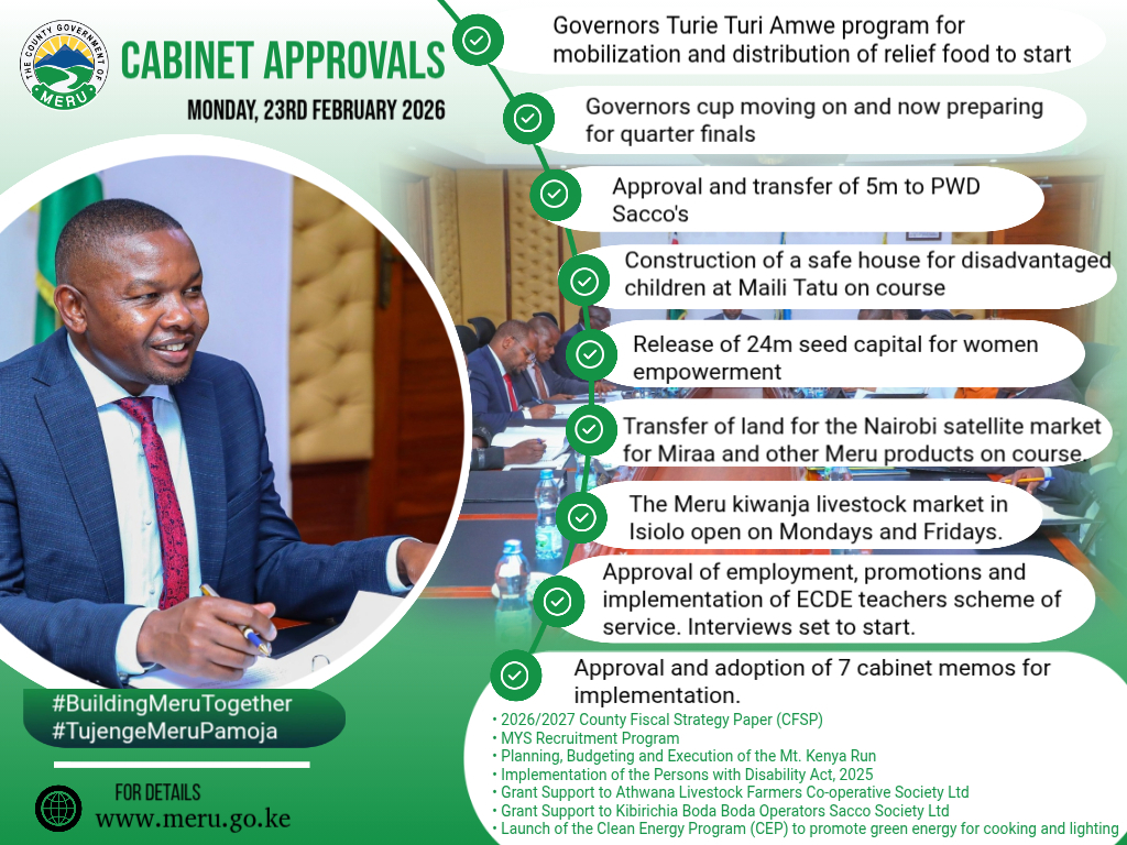 Meru County Cabinet Approves Key Development Programs and Relief Interventions.